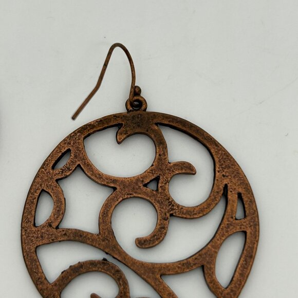 Vintage Copper-Tone Circular Filigree Swirl Earrings With Hook Closure - Picture 16 of 16